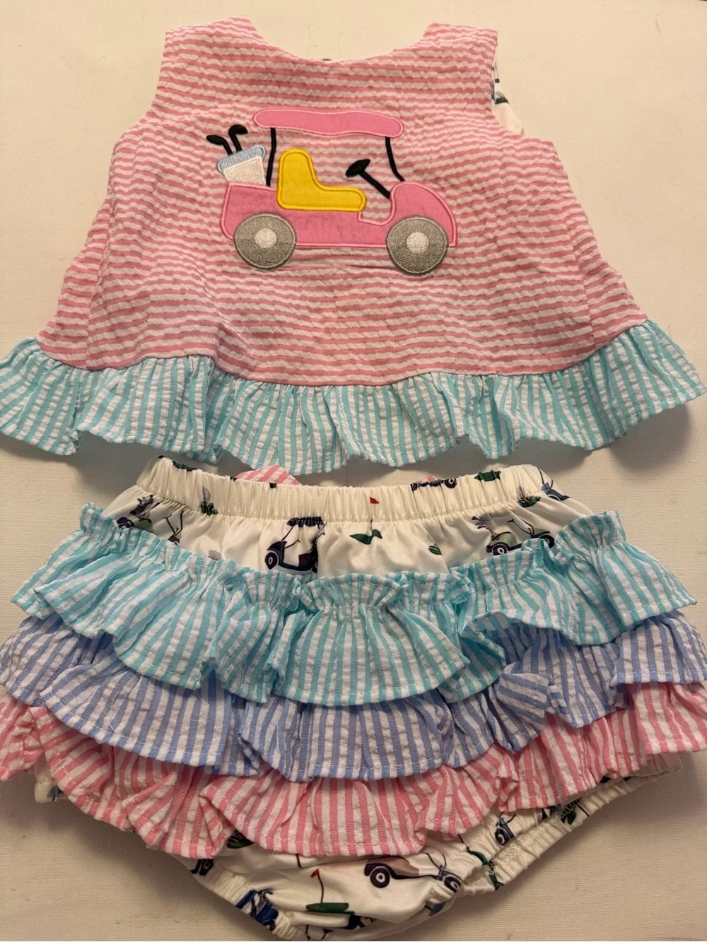 Girls Pink Striped Ruffle Two-Piece Set with Car Applique